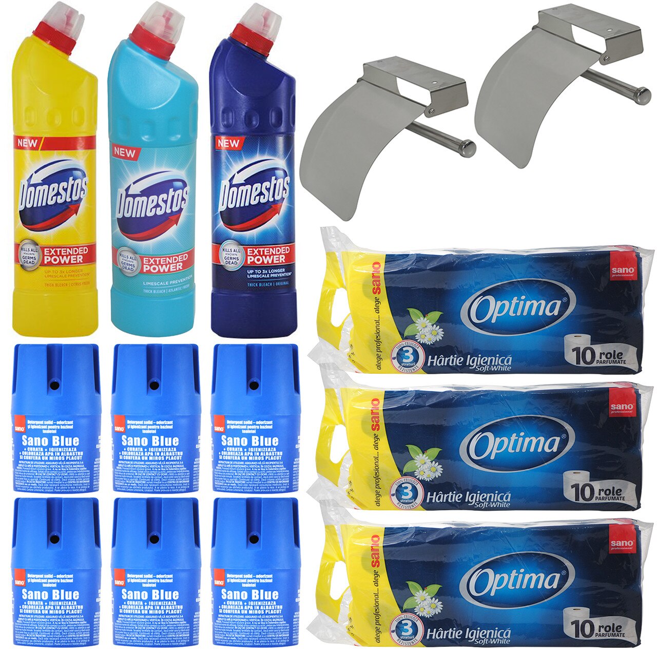 Pachet - 6 x Odorizant bazinul toaletei, Detergent solid, Sano Blue, 150g + 3 x Bax hartie igienica, Sano Optima, 3 Straturi, 10 role/Bax + 3 x Domestos, 750ml + 2 x Suport hartie igienica din inox